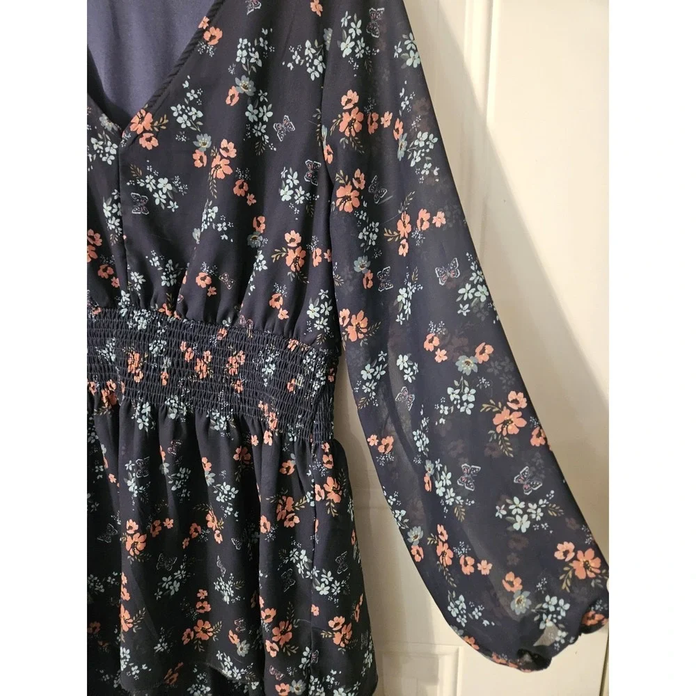 J Glee XL Floral Dress Navy Blue Smocked Waist Tiered‎ Long Sleeve Mini Dress